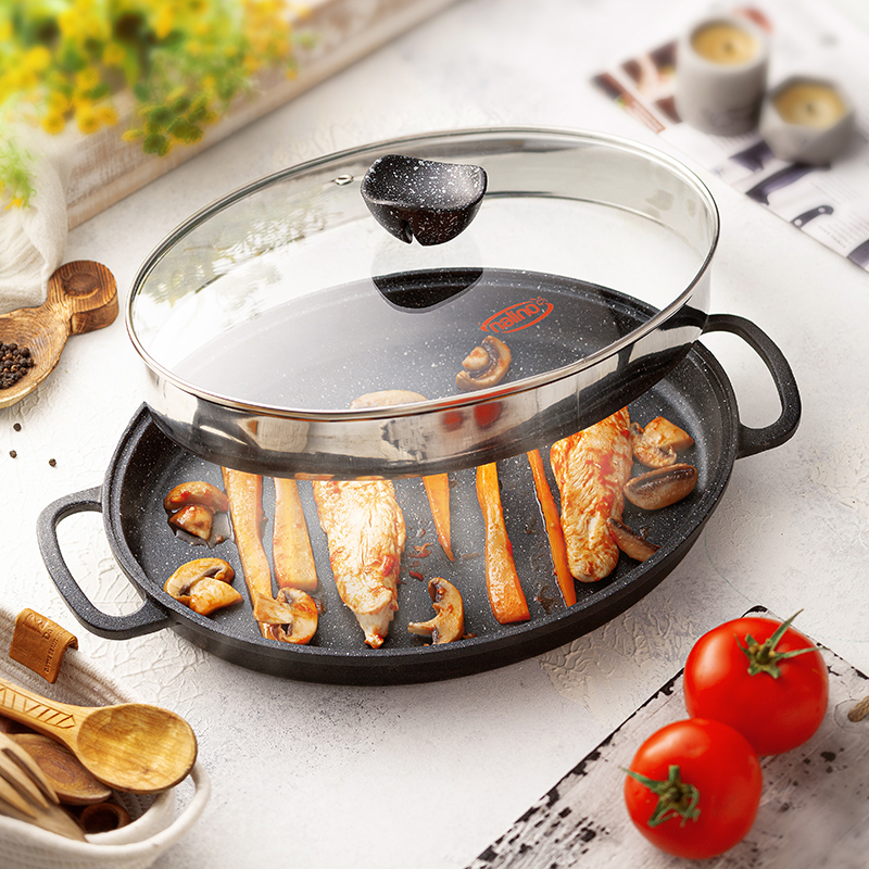 تابه چدن بیضی مدل angle (با درب شیشه)